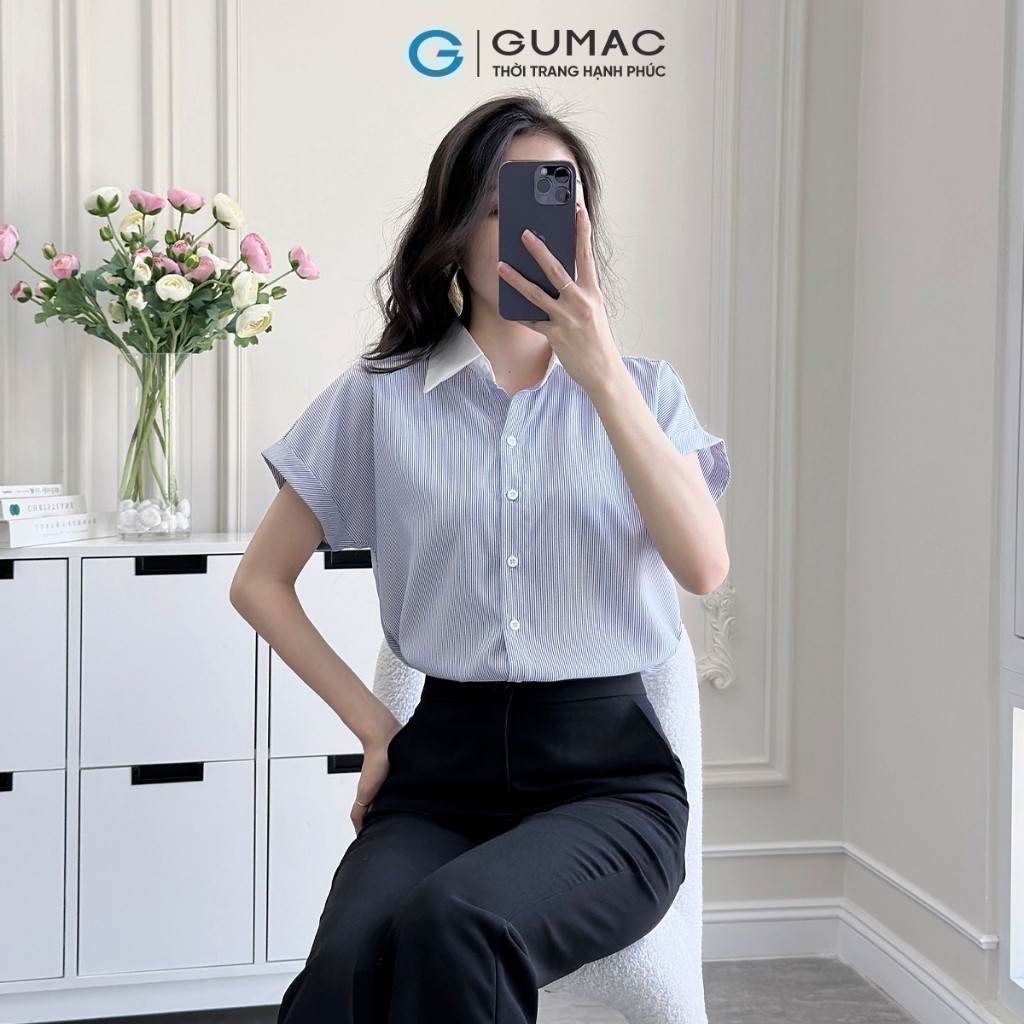 Ảnh Áo sơ mi nữ sọc xanh vải cotton mềm mịn thoáng khí tay liền cổ phối thời trang GUMAC LAF0322 2