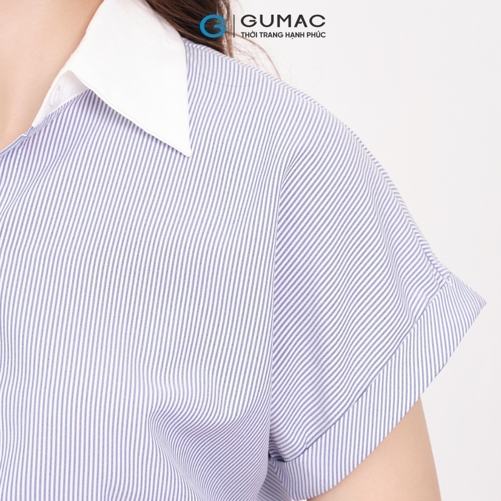 Ảnh Áo sơ mi nữ sọc xanh vải cotton mềm mịn thoáng khí tay liền cổ phối thời trang GUMAC LAF0322 4