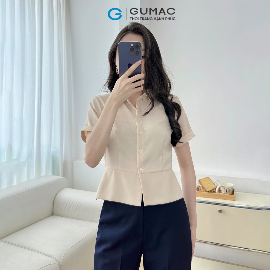 Ảnh Áo sơ mi nữ dáng lửng ôm eo tay ngắn lai lật chéo ý dày dặn thoáng mát thời trang GUMAC LAF0518 2