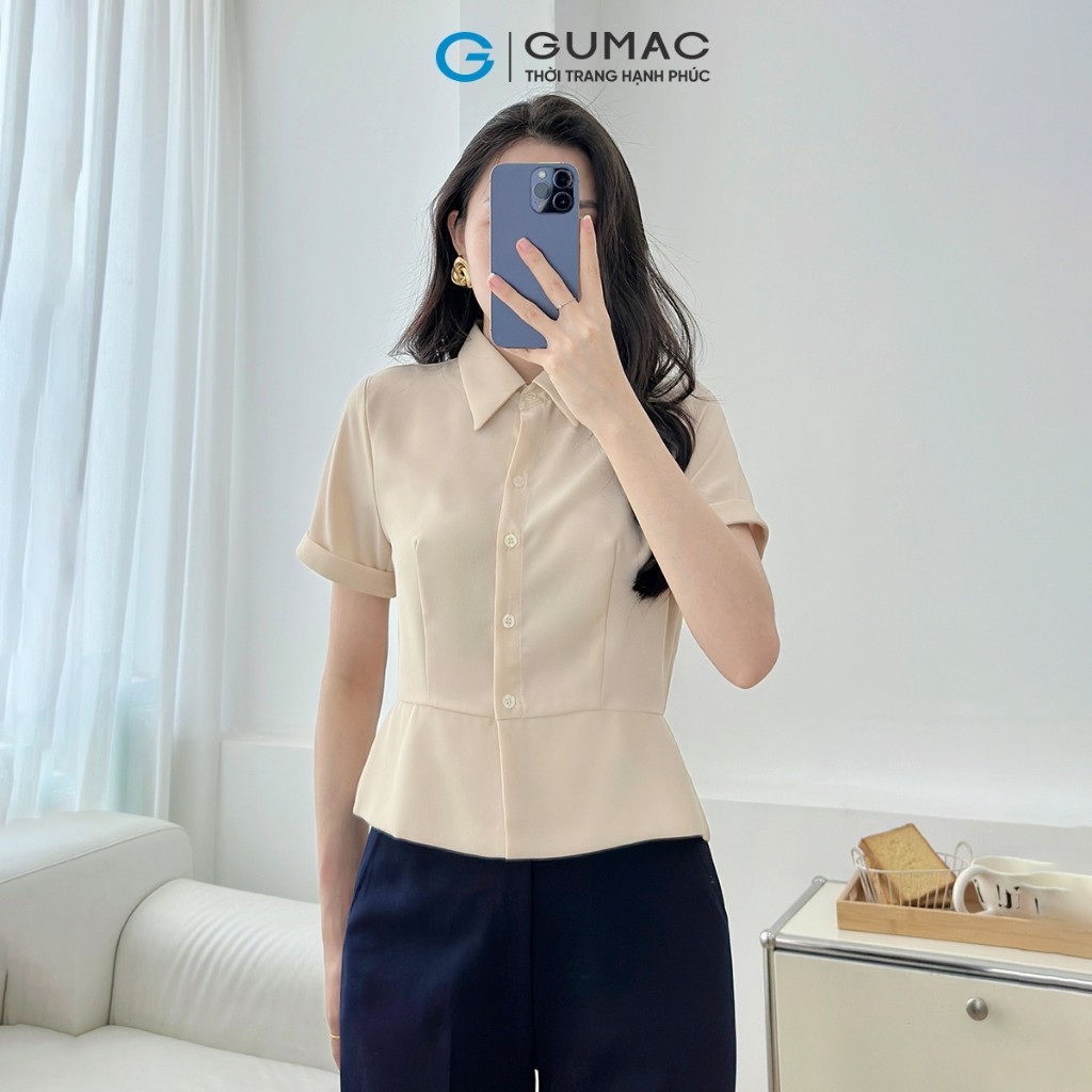 Ảnh Áo sơ mi nữ dáng lửng ôm eo tay ngắn lai lật chéo ý dày dặn thoáng mát thời trang GUMAC LAF0518 1
