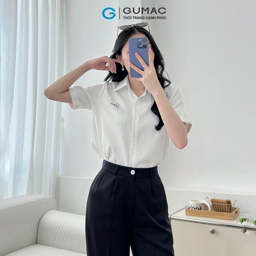 Ảnh Áo sơ mi nữ trắng sọc có hình thêu kiểu gấp lai tay lá cổ nhọn vải kate mềm thời trang GUMAC LAF0520 2