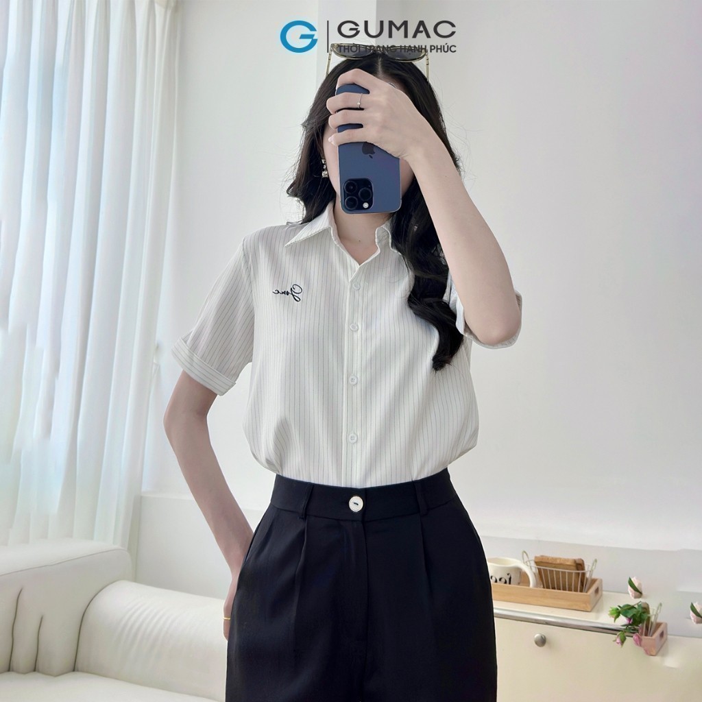 Ảnh Áo sơ mi nữ trắng sọc có hình thêu kiểu gấp lai tay lá cổ nhọn vải kate mềm thời trang GUMAC LAF0520 1