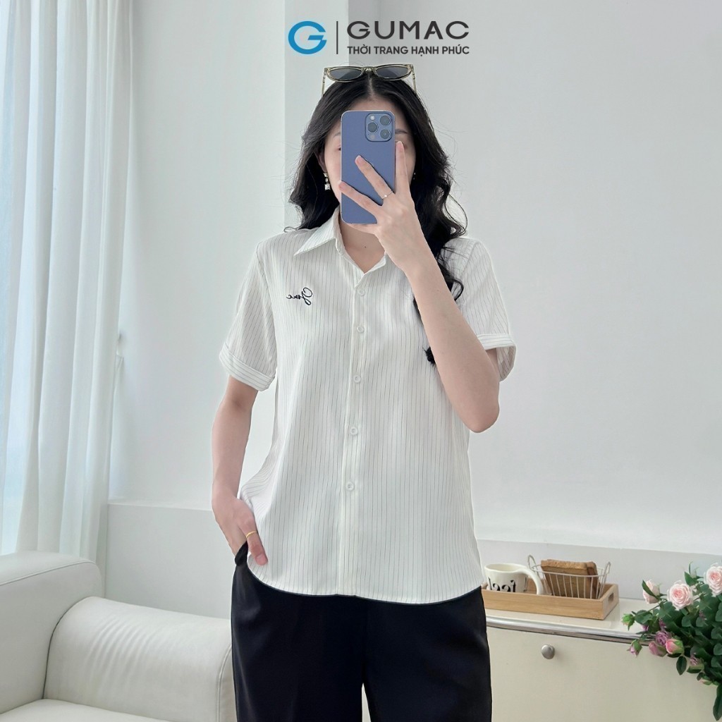 Ảnh Áo sơ mi nữ trắng sọc có hình thêu kiểu gấp lai tay lá cổ nhọn vải kate mềm thời trang GUMAC LAF0520 3
