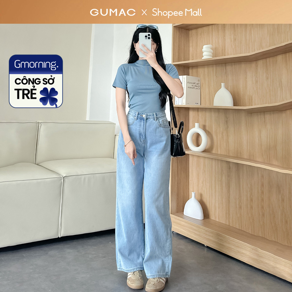 Ảnh Quần jeans suông nữ denim thêu Gmor xanh nhạt tôn dáng thời trang Gmorning - GUMAC YQJE10080 1