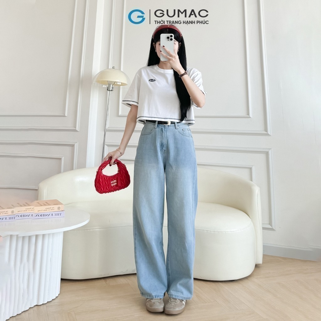 Ảnh Quần jeans suông nữ denim thêu Gmor xanh nhạt tôn dáng thời trang Gmorning - GUMAC YQJE10080 3