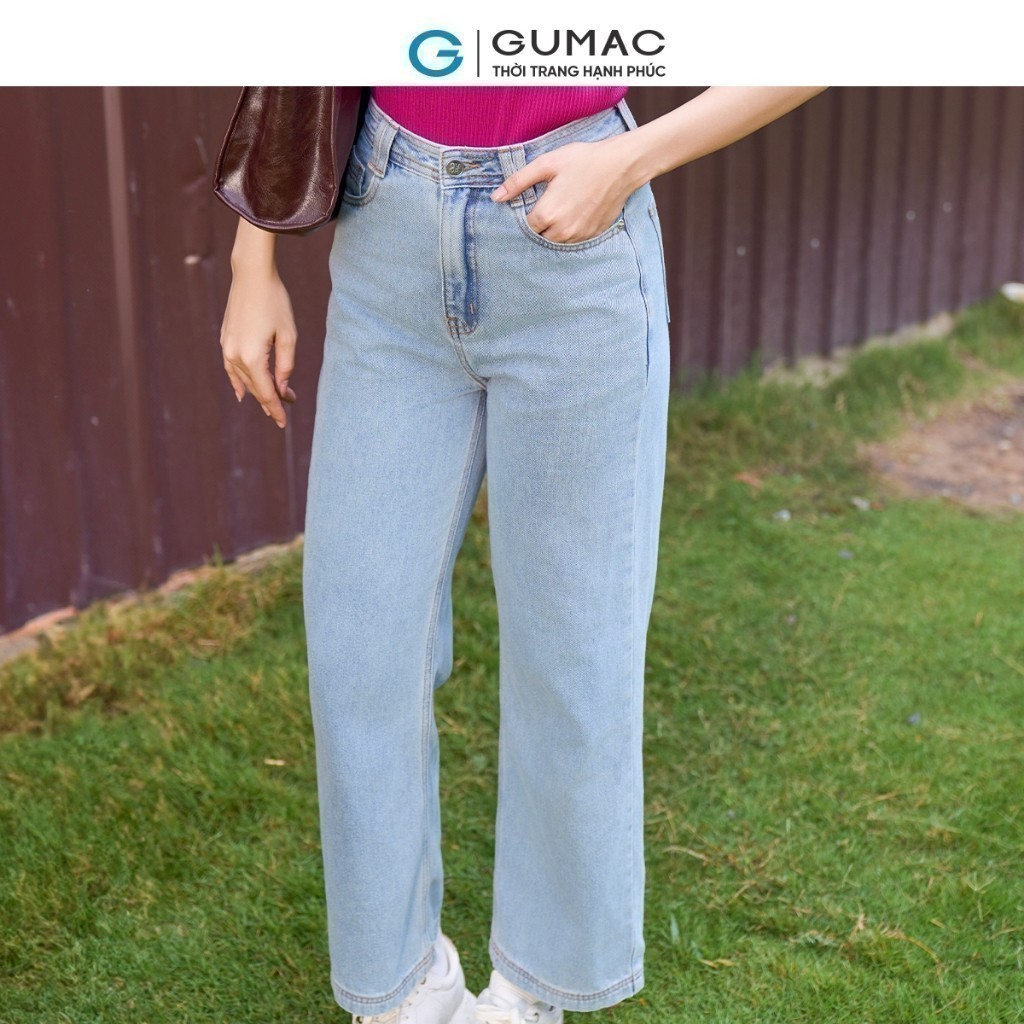 Ảnh Quần jeans nữ ống suông thêu R xanh nhạt trẻ trung tôn dáng thời trang Gmorning - GUMAC YQJE12087 3
