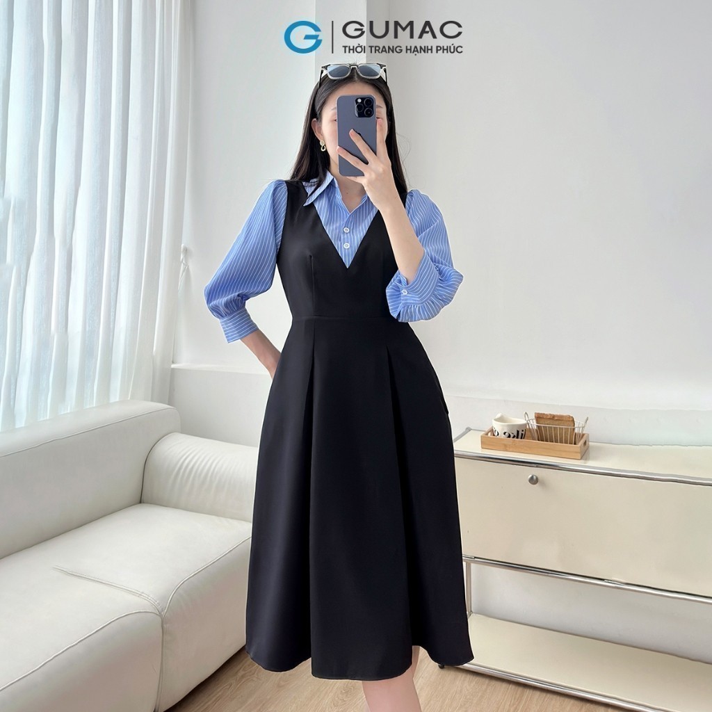 Ảnh Đầm nữ form A xòe kiểu tay dài phối sọc xanh vải cotton mềm mát có túi thời trang GUMAC LDF0304 4