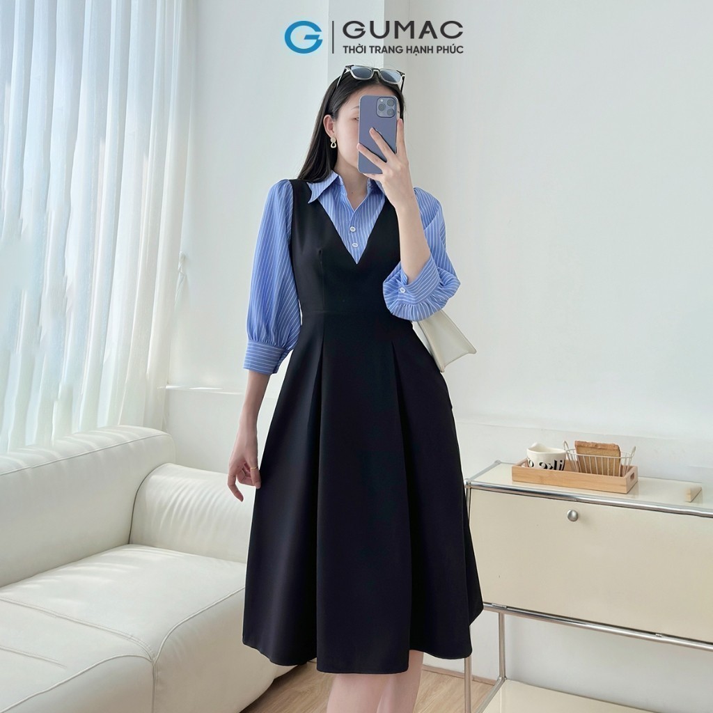 Ảnh Đầm nữ form A xòe kiểu tay dài phối sọc xanh vải cotton mềm mát có túi thời trang GUMAC LDF0304 1