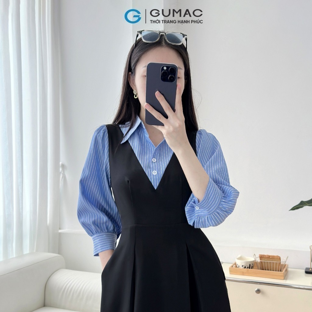 Ảnh Đầm nữ form A xòe kiểu tay dài phối sọc xanh vải cotton mềm mát có túi thời trang GUMAC LDF0304 3