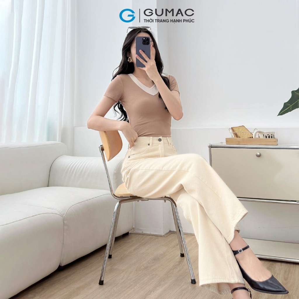 Ảnh Quần jeans nữ suông cơ bản màu be denim mềm dày dặn thoáng mát thoải mái thời trang GUMAC QJF05013 2