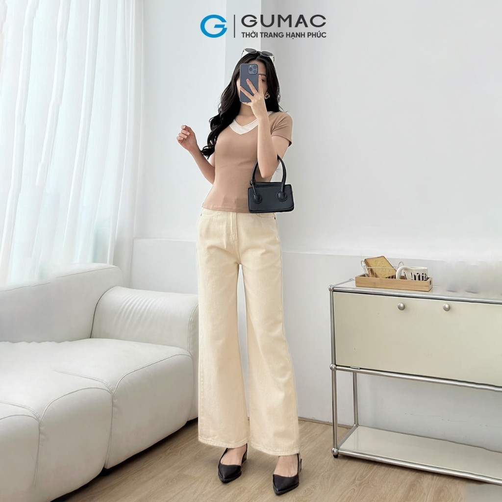 Ảnh Quần jeans nữ suông cơ bản màu be denim mềm dày dặn thoáng mát thoải mái thời trang GUMAC QJF05013 3