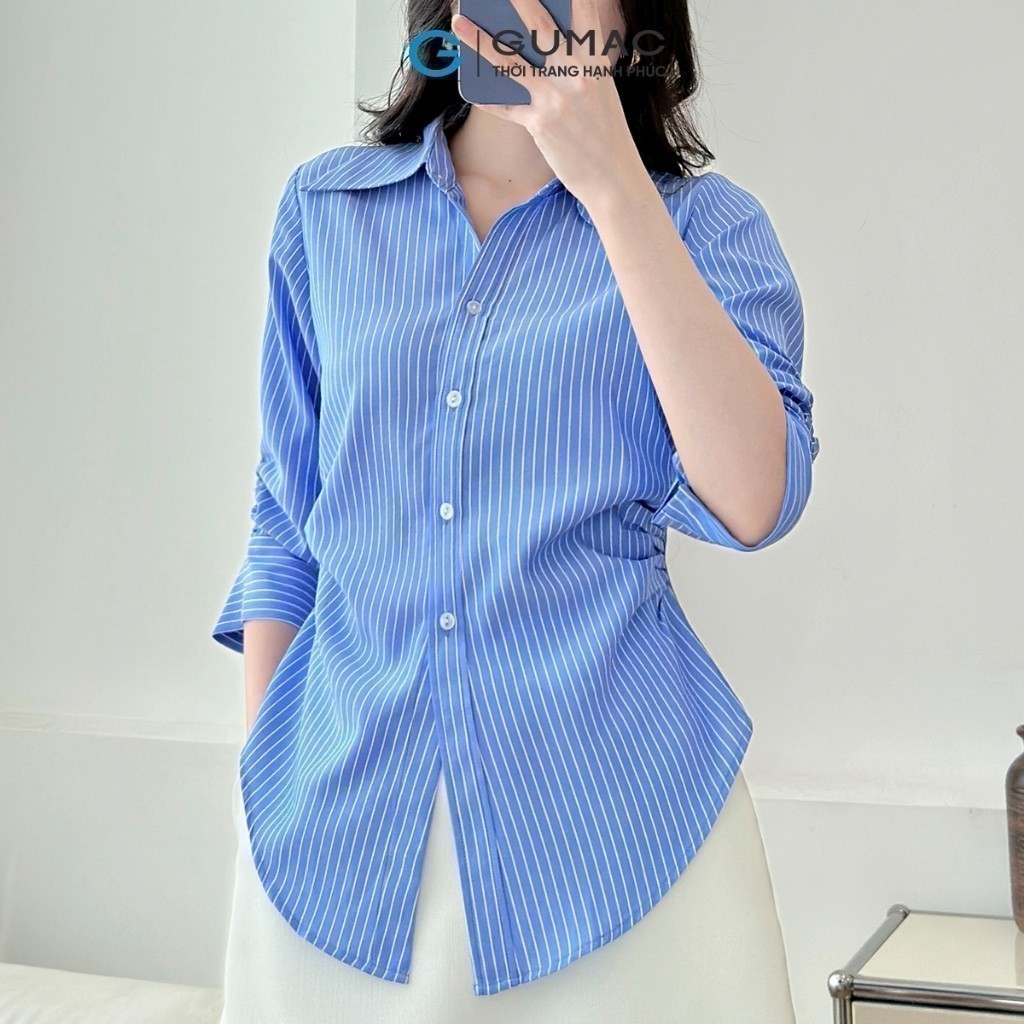 Ảnh Áo sơ mi nữ tay lửng có nhún chiết ly eo xanh sọc vải kate đứng form thời trang GUMAC AF01024 2