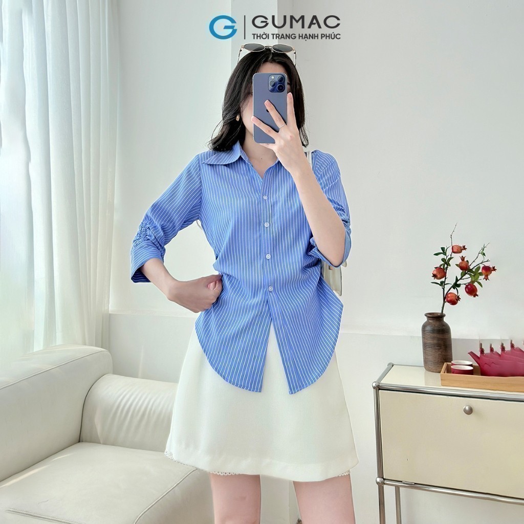 Ảnh Áo sơ mi nữ tay lửng có nhún chiết ly eo xanh sọc vải kate đứng form thời trang GUMAC AF01024 1