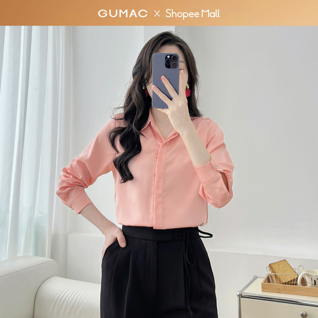 Ảnh Áo sơ mi nữ basic cơ bản lụa màu trắng đen hồng thiết kế tay dài phối nút thời trang GUMAC BAE00003 1