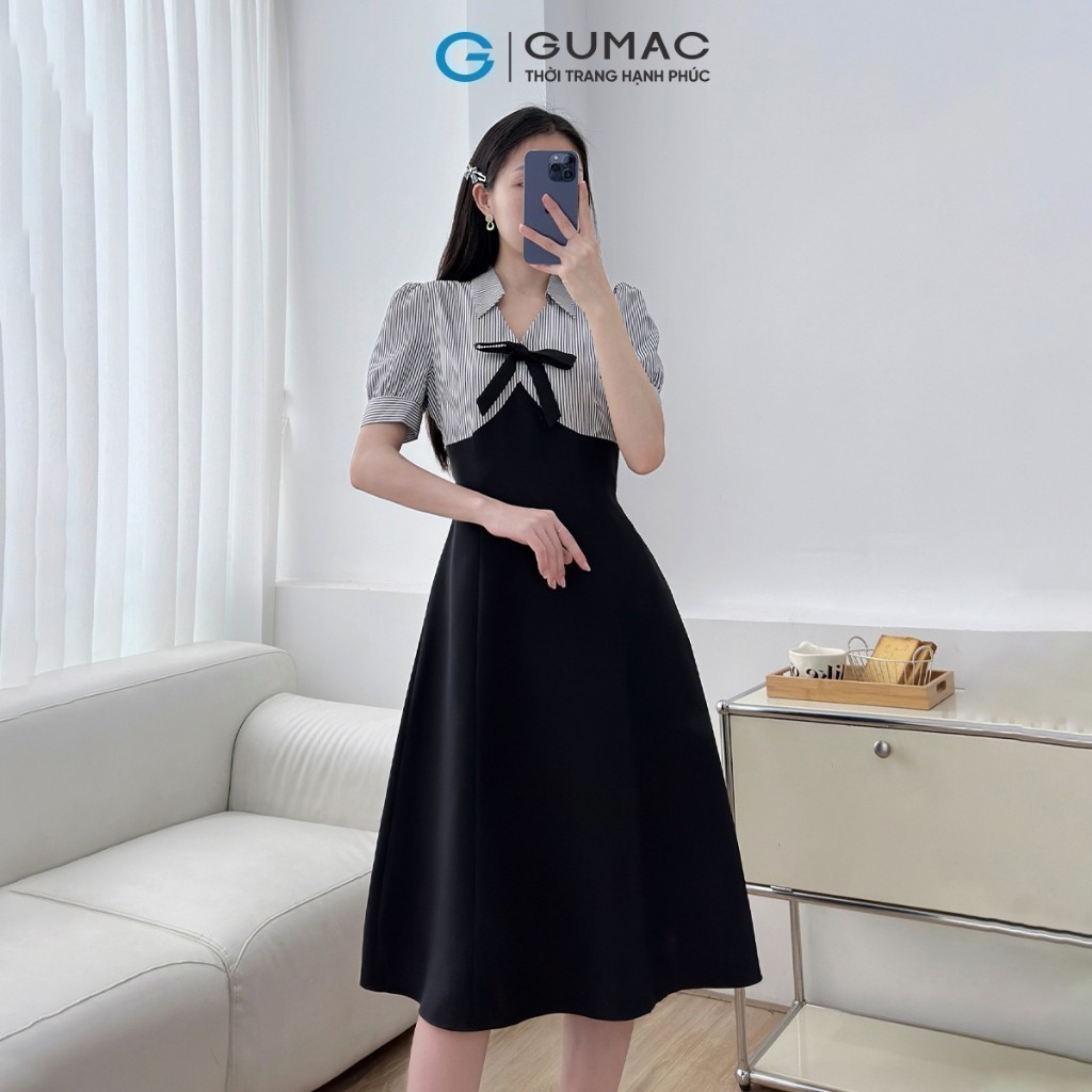 Ảnh Đầm nữ A kiểu phối sọc đen đính nơ tiểu thư vải cotton lạnh mềm mát thời trang GUMAC LDE1101 4