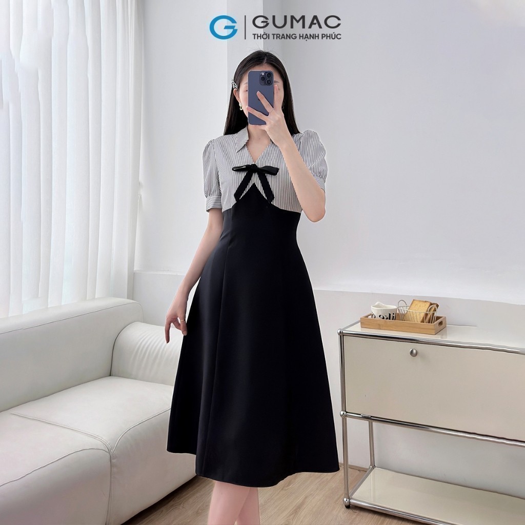 Ảnh Đầm nữ A kiểu phối sọc đen đính nơ tiểu thư vải cotton lạnh mềm mát thời trang GUMAC LDE1101 3