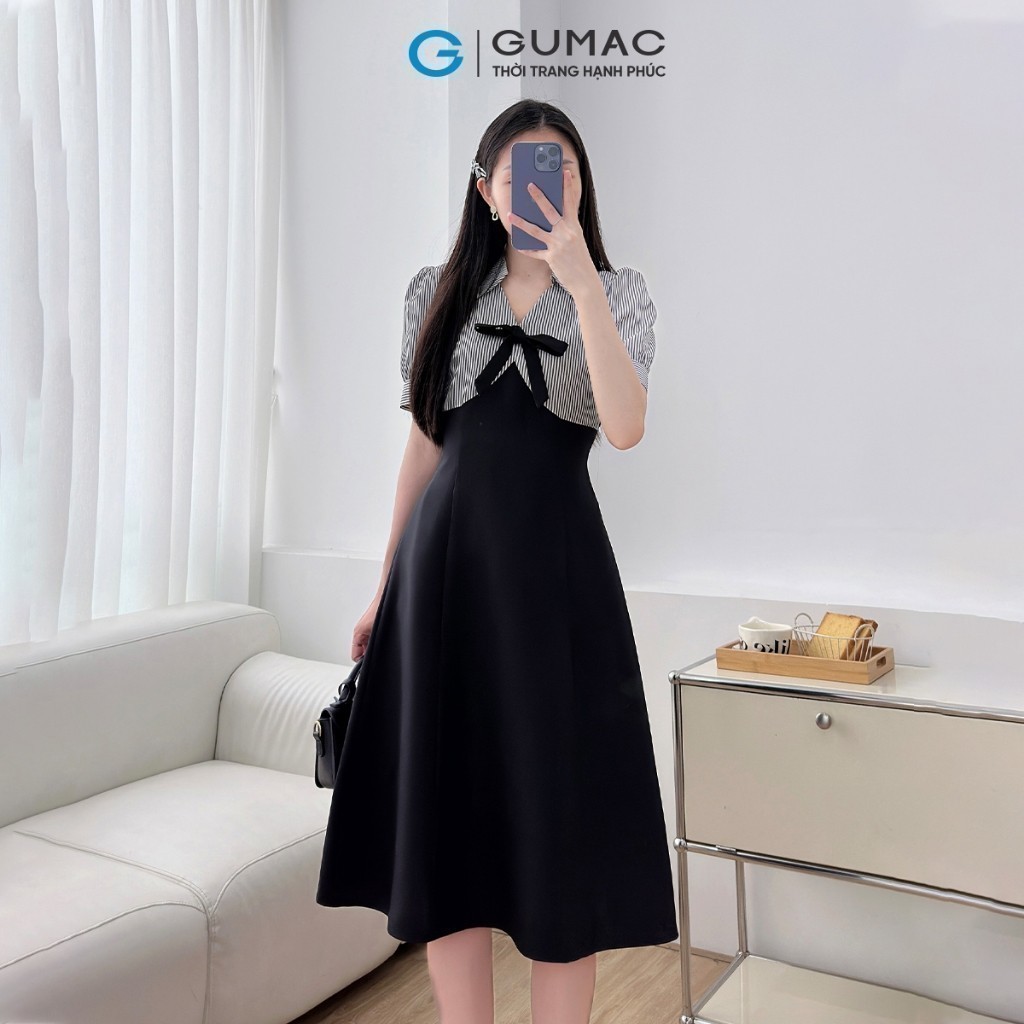 Ảnh Đầm nữ A kiểu phối sọc đen đính nơ tiểu thư vải cotton lạnh mềm mát thời trang GUMAC LDE1101 1