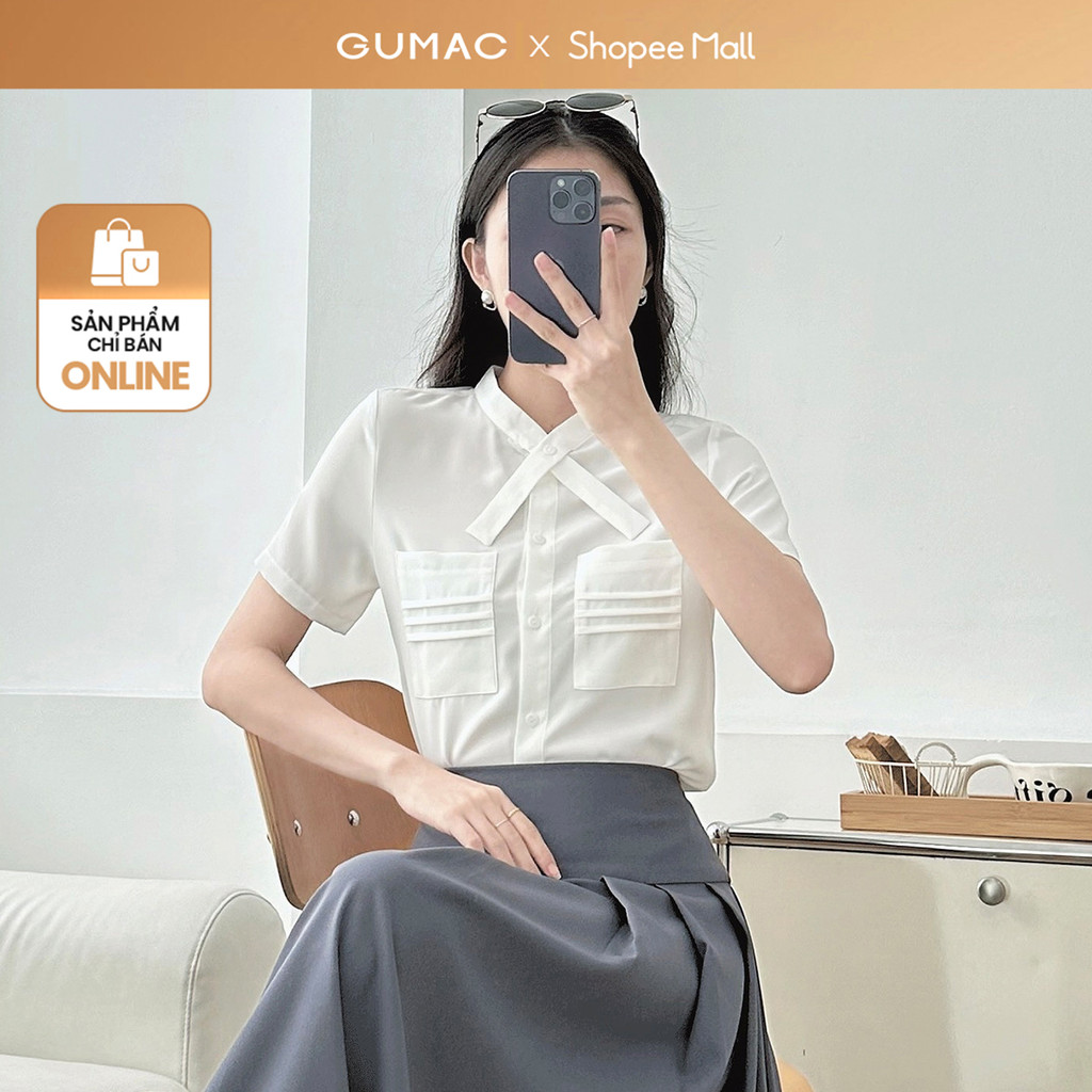 Ảnh Áo sơ mi nữ trắng tay ngắn kiểu túi đắp cổ đắp chèo hình nơ vải lụa mềm mát thời trang GUMAC LAE0815 1