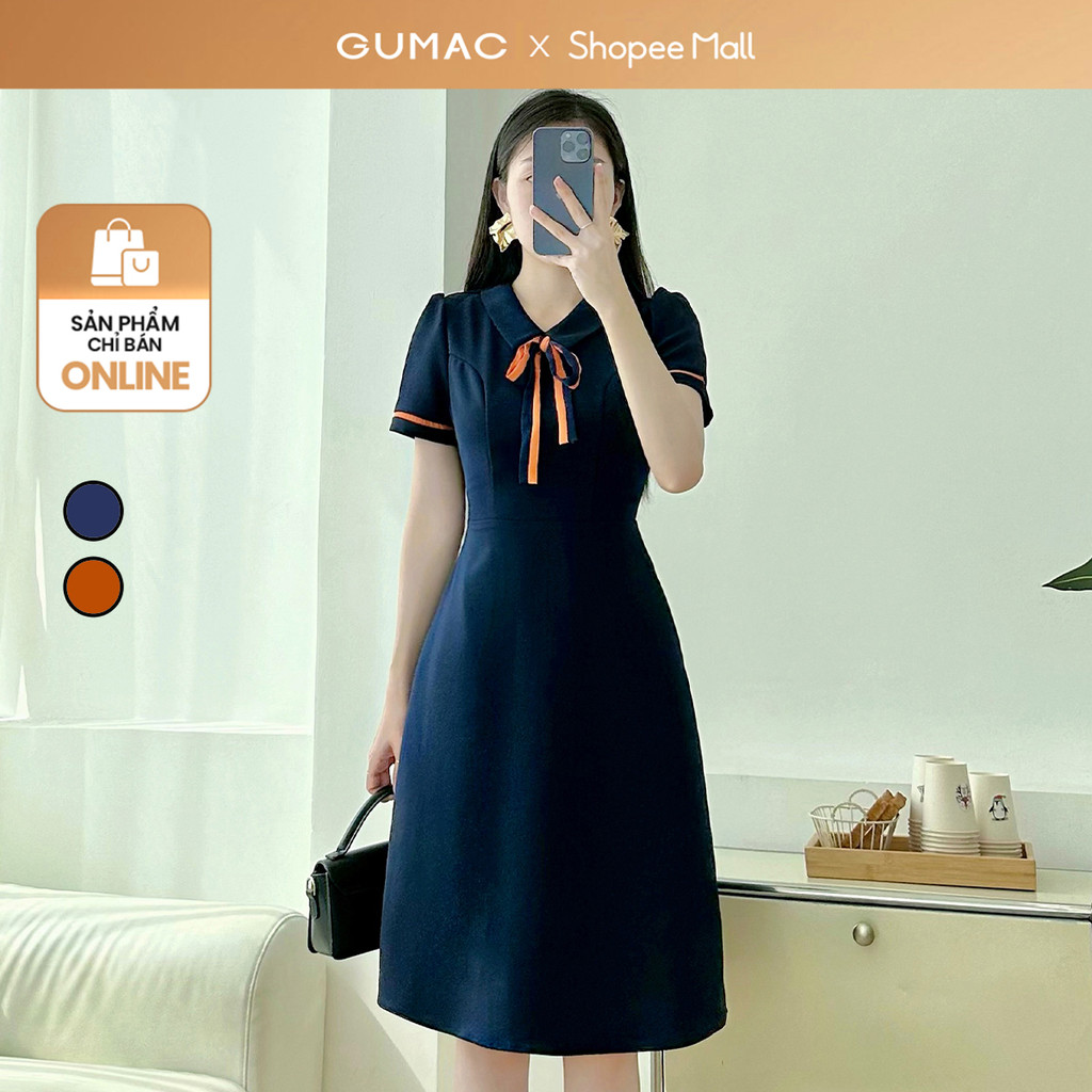 Ảnh Đầm A nẹp tay phối nơ cổ thanh lịch thiết kế công sở đi chơi dạo phố thời trang GUMAC LDE0614 1