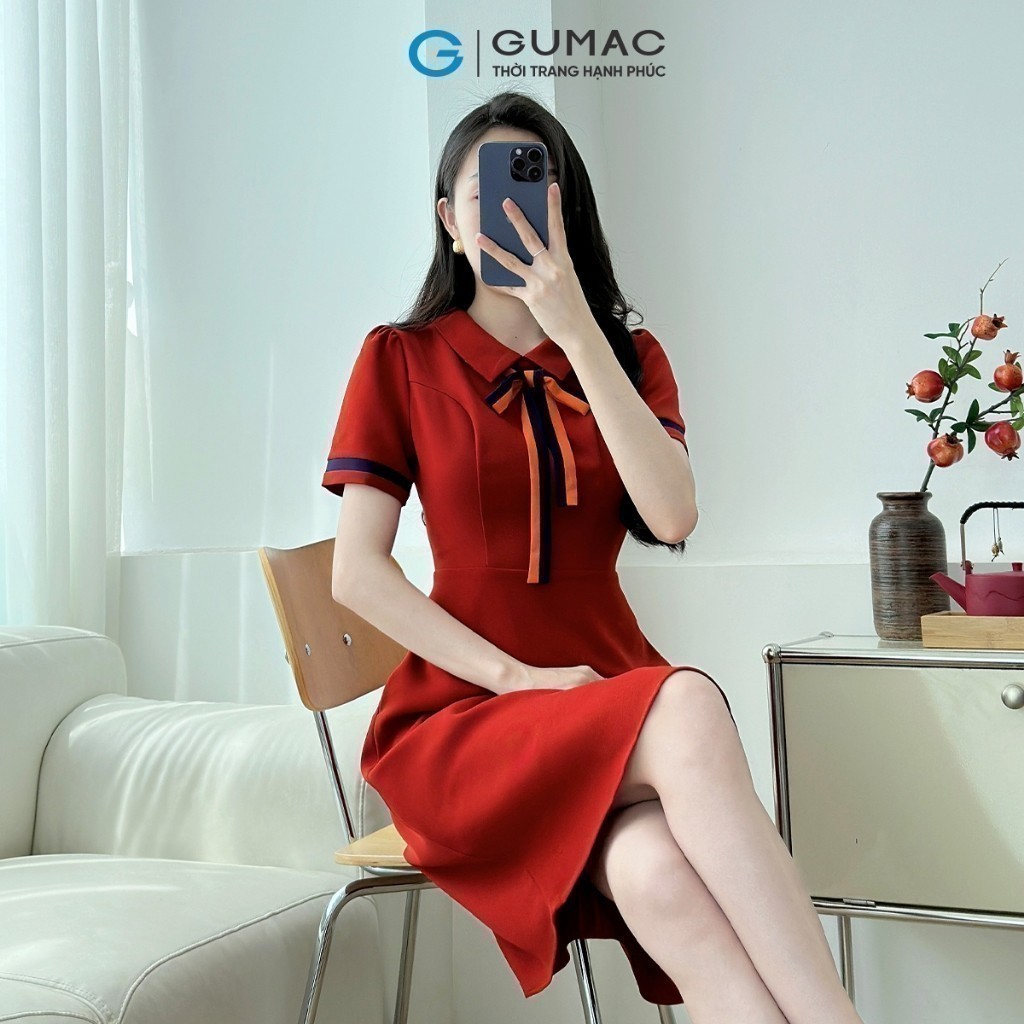 Ảnh Đầm A nẹp tay phối nơ cổ thanh lịch thiết kế công sở đi chơi dạo phố thời trang GUMAC LDE0614 4