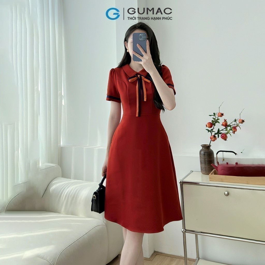 Ảnh Đầm A nẹp tay phối nơ cổ thanh lịch thiết kế công sở đi chơi dạo phố thời trang GUMAC LDE0614 2