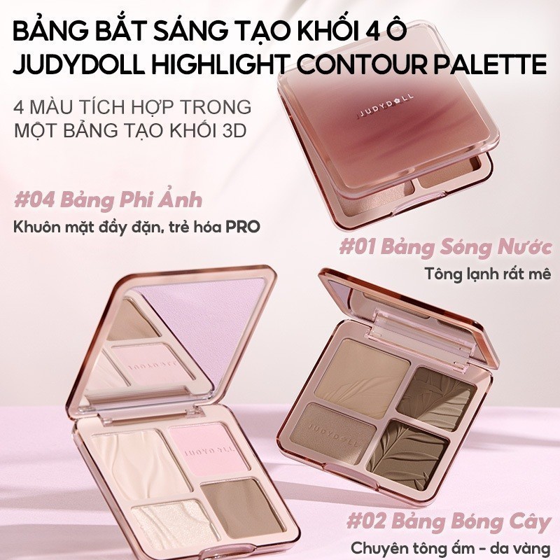 Ảnh Bảng Phấn Bắt Sáng Tạo Khối JUDYDOLL 4 Ô 9g Mỏng Nhẹ Mịn Chuẩn Màu Lâu Trôi Tạo Hiệu Ứng Highlight Bắt Sáng 3D Gloss Highlight & Contour Palette 3