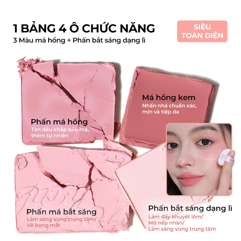 Ảnh Bảng Phấn Má Hồng Bắt Sáng JUDYDOLL 4 Ô Tông Lì Đa Năng Mềm Mịn Trang Điểm Tự Nhiên Lâu Trôi 4