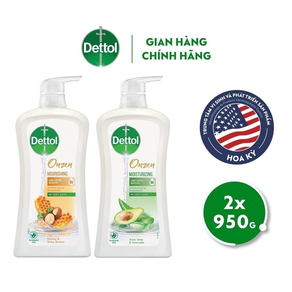Ảnh Combo 2 Chai Sũa Tắm Dettol Onzen Mật Ong Kháng Khuẩn Dưỡng Thể và Dưỡng Ẩm Lô Hội & Bơ (950G/Chai) 1