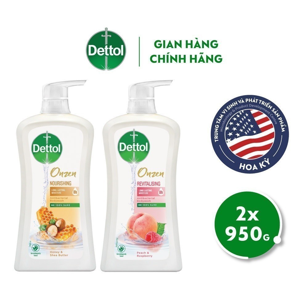 Ảnh Combo 2 Chai Sũa Tắm Dettol Onzen Mật Ong Kháng Khuẩn Dưỡng Thể và Dưỡng Da Đào & Phúc Bồn Tử (950G/Chai) 1