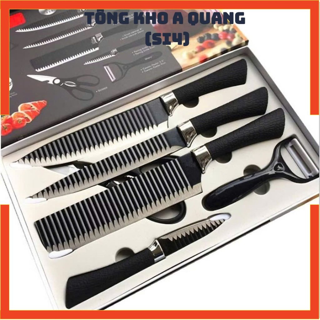 Bộ Dao Kéo Nhà Bếp An Toàn Cho Gia Đình,Bộ Dao Nhật Lưỡi Lượn Sóng Xuất Nhật - SET 6 MÓN TIỆN DỤNG LÀM BẾP SẮC BÉN