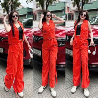 Bộ thể thao nữ gồm uần Jogger ống rộng áo Gile cổ bẻ,in số 23, chất liệu kaki mềm