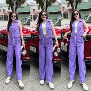 Bộ thể thao nữ gồm uần Jogger ống rộng áo Gile cổ bẻ,in số 23, chất liệu kaki mềm