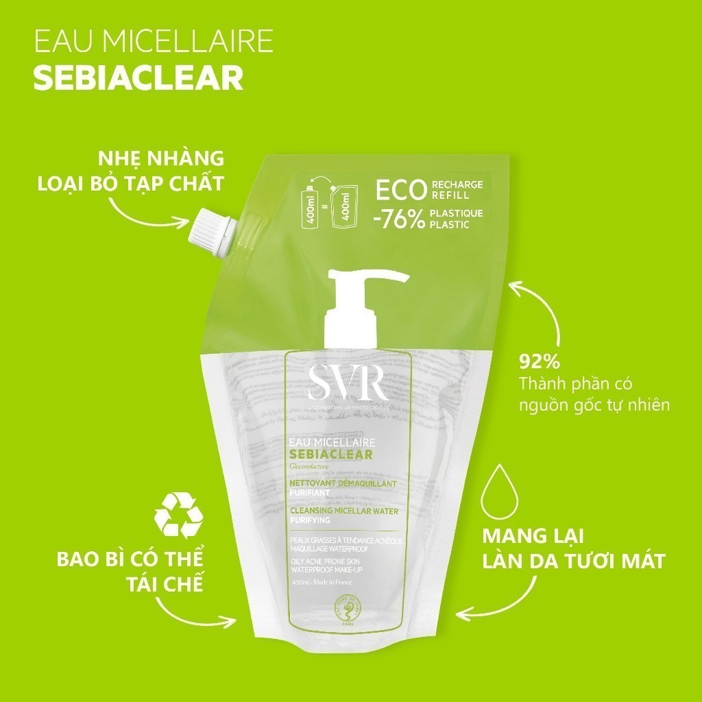 Ảnh Nước làm sạch da, tẩy trang và giúp loại bỏ dầu SVR SEBIACLEAR EAU MICELLAIRE dạng túi 400ml 2