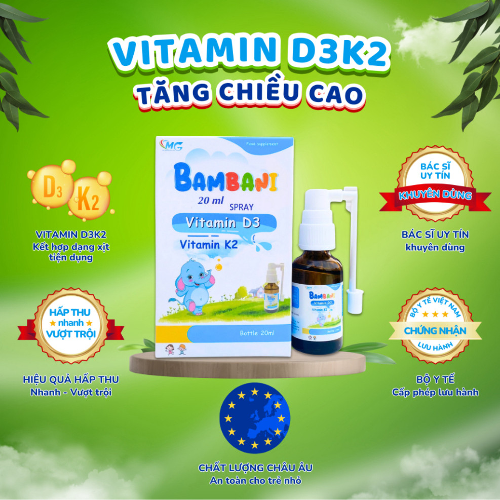 Vitamin D3K2 Hỗ Trợ Bé Tăng Chiều Cao, Tăng Hấp Thụ Canxi Chai 20ml -  BAMBANI