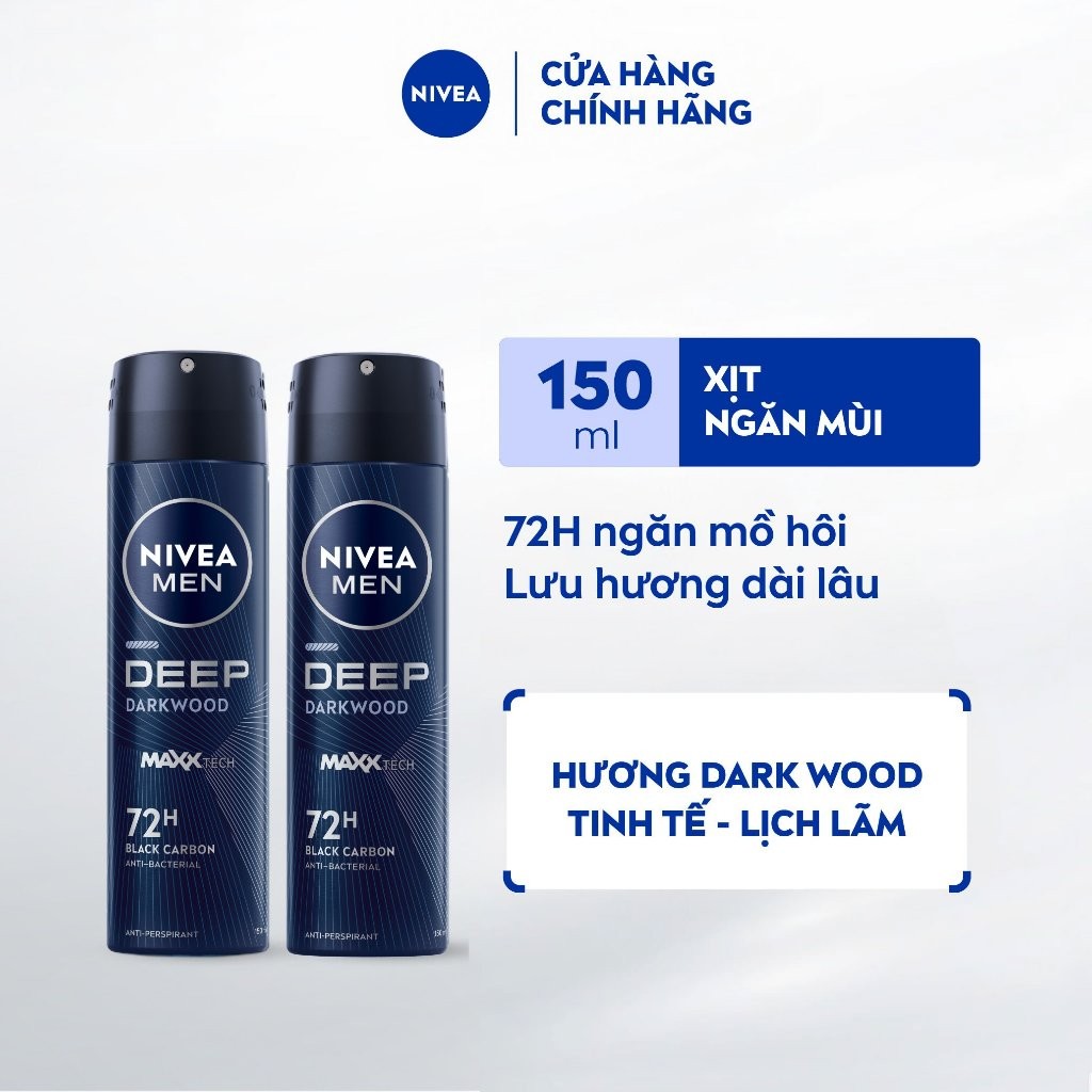 Ảnh Bộ 2 Xịt Ngăn Mùi NIVEA MEN Deep Than Đen Hương Gỗ Đen (150 ml) - 80027 1
