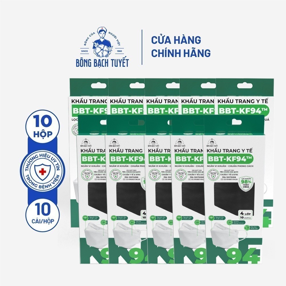 Ảnh Combo 10 Hộp Khẩu trang Bông Bạch Tuyết KF94 4 lớp - Đen (10 cái/gói) 2