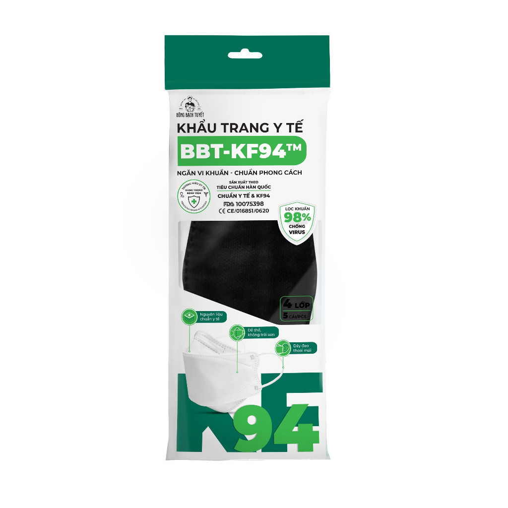 Ảnh Combo 10 Hộp Khẩu trang Bông Bạch Tuyết KF94 4 lớp - Đen (10 cái/gói) 3