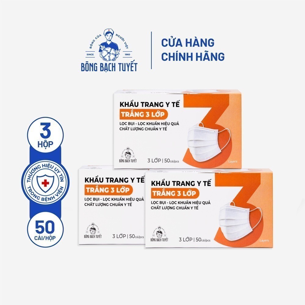 Ảnh Combo 3 Hộp Khẩu trang Bông Bạch Tuyết 3 lớp trắng (50 cái/hộp) 2