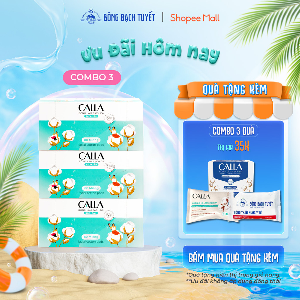Ảnh Combo 3 Hộp Bông tẩy trang làm sạch da Bông Bạch Tuyết Calla Sạch Sâu (80 miếng/hộp) 1