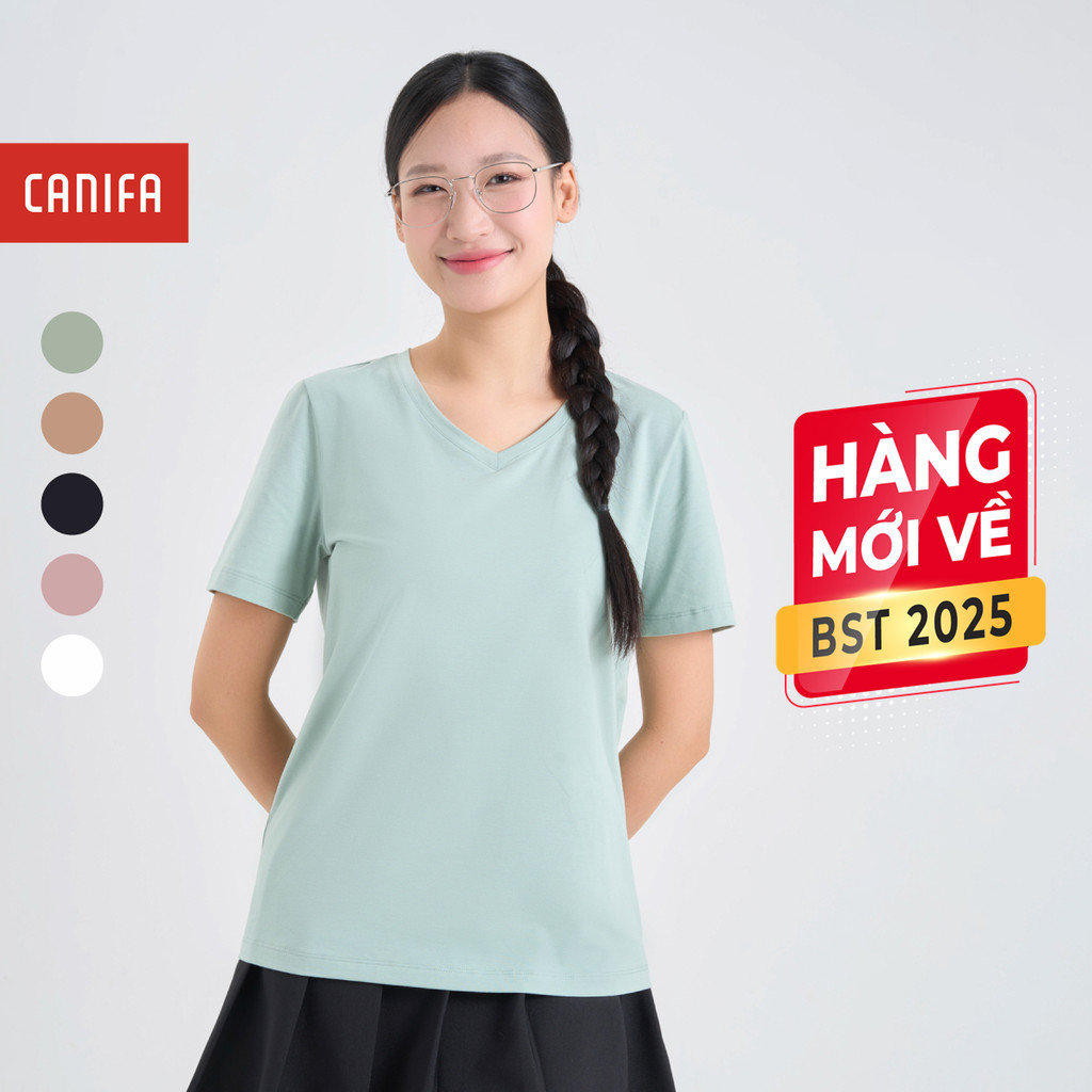 Ảnh Áo phông nữ CANIFA cộc tay cổ tim dáng basic 6TS25A002 1