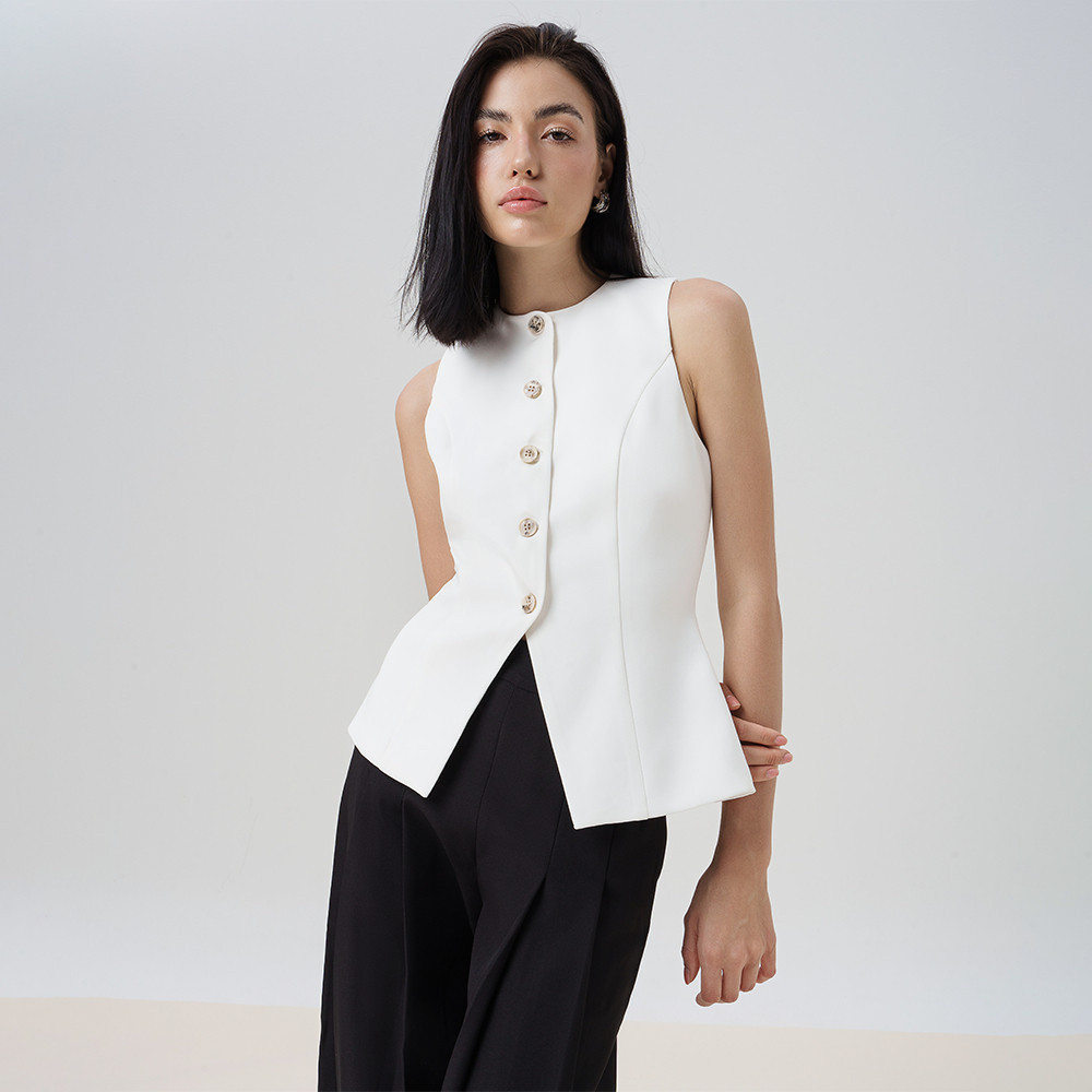 Ảnh RECHIC Áo kiểu Sally sát nách trơn chiết eo xẻ tà áo cổ tròn thanh lịch 1