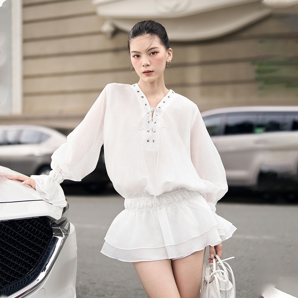 Ảnh RECHIC Đầm trễ vai Vincent thắt dây ngực bèo váy tầng sang trọng 1