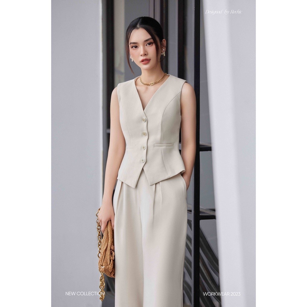 Ảnh RECHIC Áo vest nữ Cindy trơn form ôm nút gài cổ V cá tính sang trọng thanh lịch 3