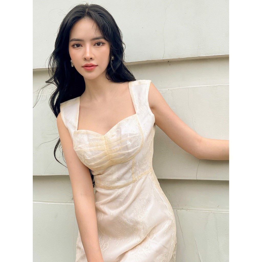 RECHIC Đầm Ngắn Emily Màu Be cổ vuông dáng váy chữ A hai lớp xếp ly ngực xinh xắn | BigBuy360 - bigbuy360.vn