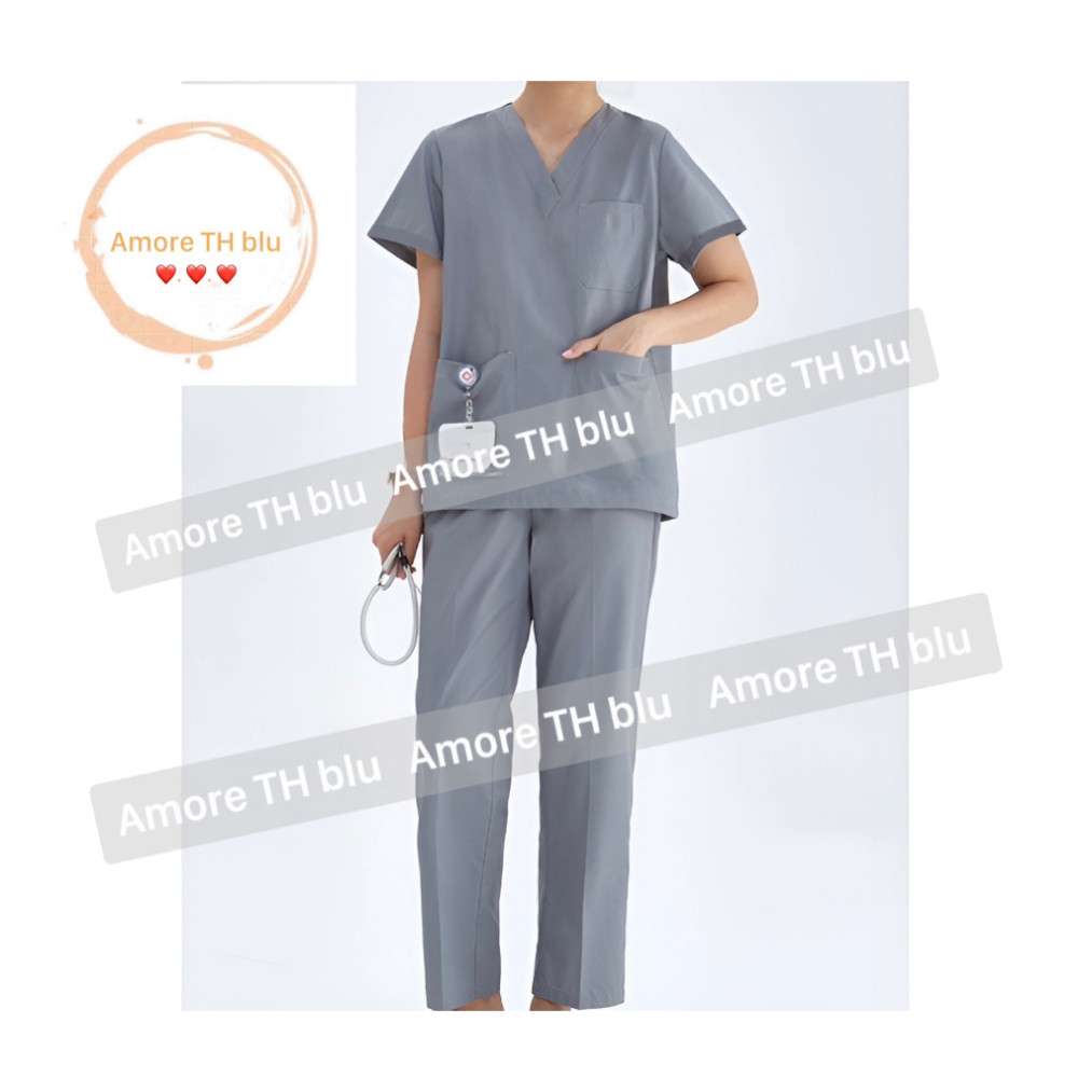 Bộ Scrubs - màu Xám vải Cotton Hàn.bác sĩ, blouse cổ tim, đồng phục điều dưỡng, spa, thẩm mỹ viện, dược sĩ. cao cấp