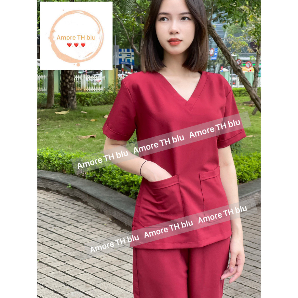 Bộ Scrubs - màu Xám vải Cotton Hàn.bác sĩ, blouse cổ tim, đồng phục điều dưỡng, spa, thẩm mỹ viện, dược sĩ. cao cấp