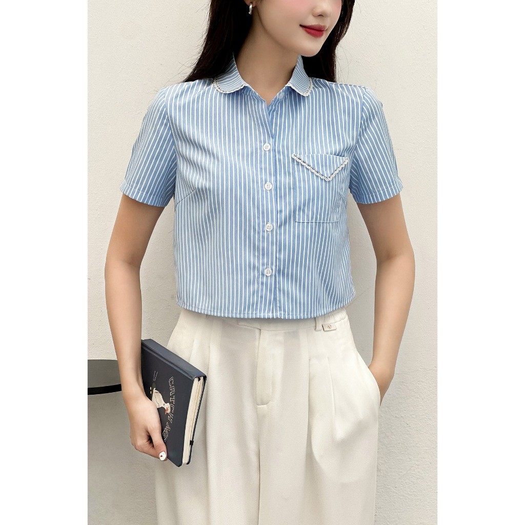 Ảnh Áo Sơ Mi Nữ Croptop Tay Ngắn Cổ Sen, Áo Kiểu Nữ Trẻ Trung VIEN TRAN O61H24H028 3