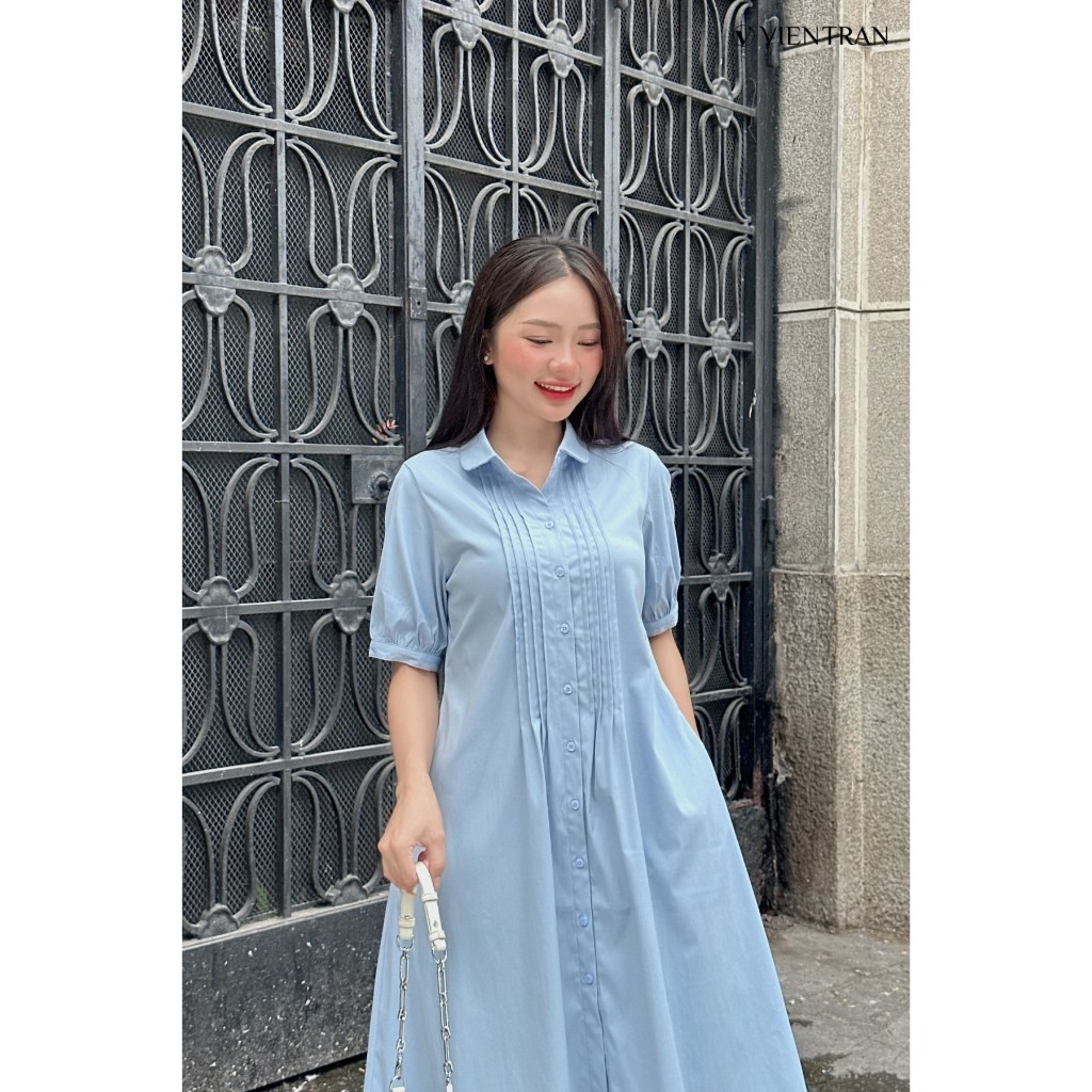 Ảnh Đầm nữ cổ sen dáng xòe rộng mí ngực xanh dương nữ tính VIEN TRAN V63L25Q003 1