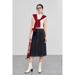 Chân váy jean dáng midi VIEN TRAN suông nắp túi giả V62T24Q006