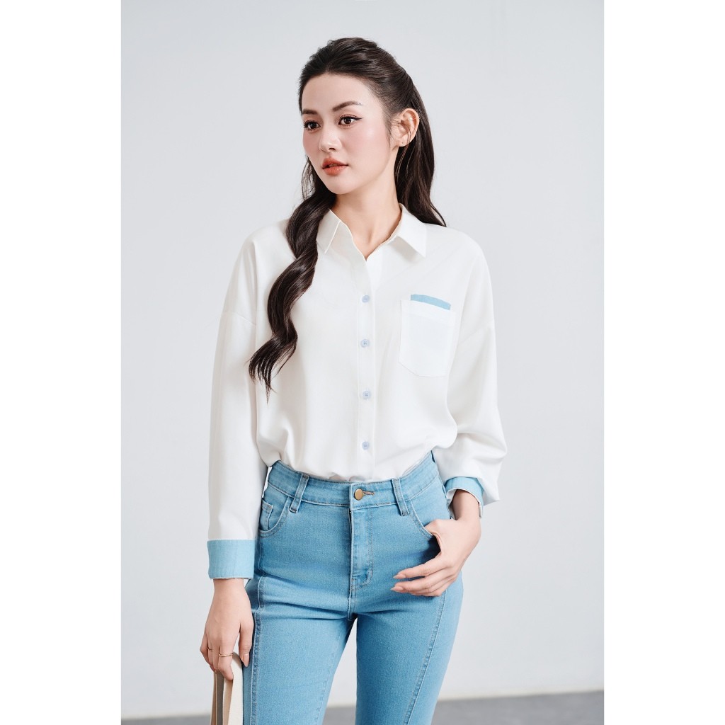 Ảnh Áo Sơ Mi Nữ Dáng Suông Phối Denim VIEN TRAN V61H25Q009 1
